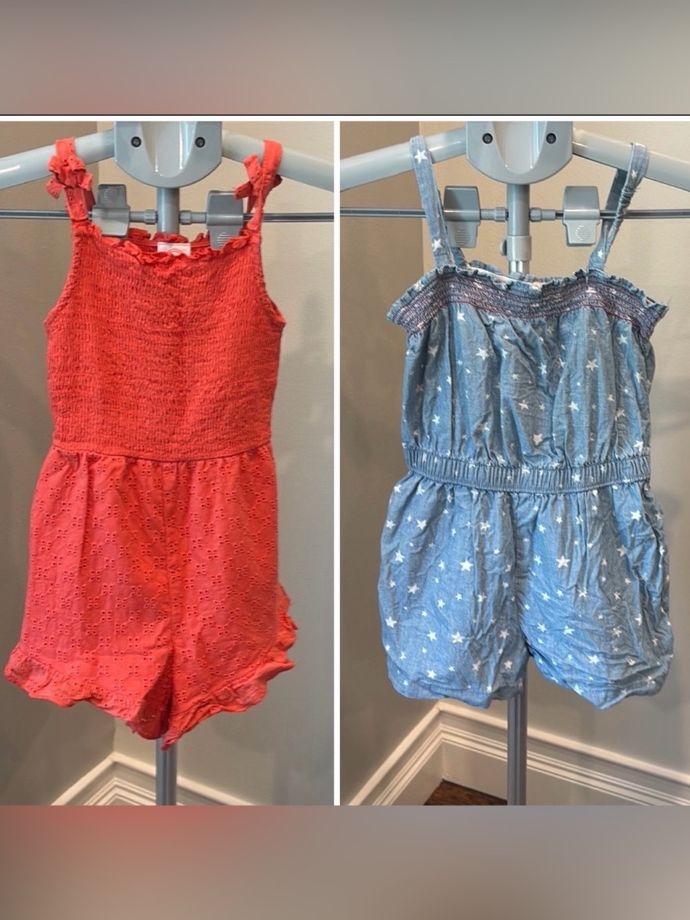 Girls Wonder Nation Coral Kids Romper & Celebrate Blue Starry Romper, size 5T